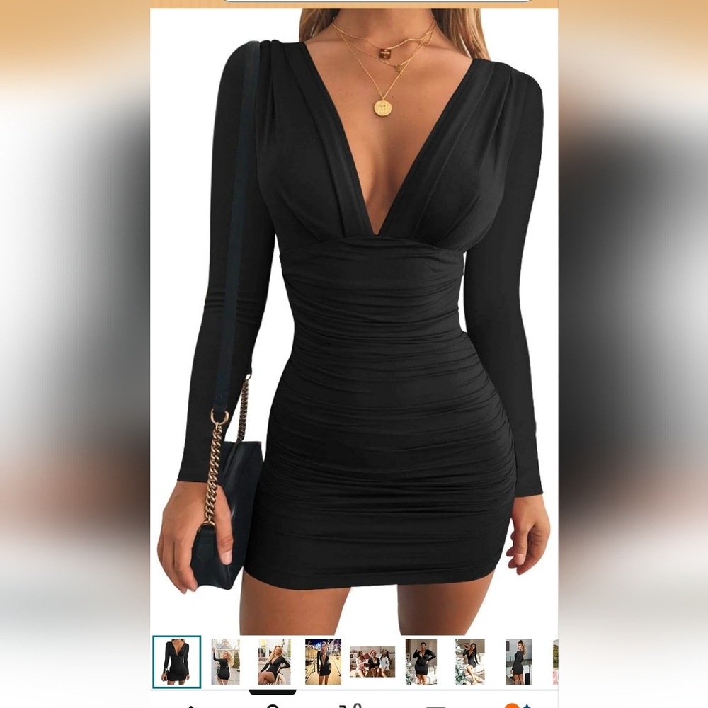 Black Long-Sleeve Ruched V-Neck Dress